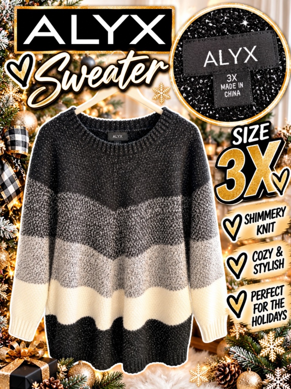✨ ALYX Shimmery Knit Sweater 3X | Black Gray Cream | Plus Size Holiday Sweater ✨